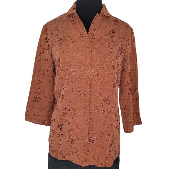 Chico’s Burnt Orange Embroidered Shacket 3/4 Sleeve Sz 1 M EUC - Picture 2 of 7